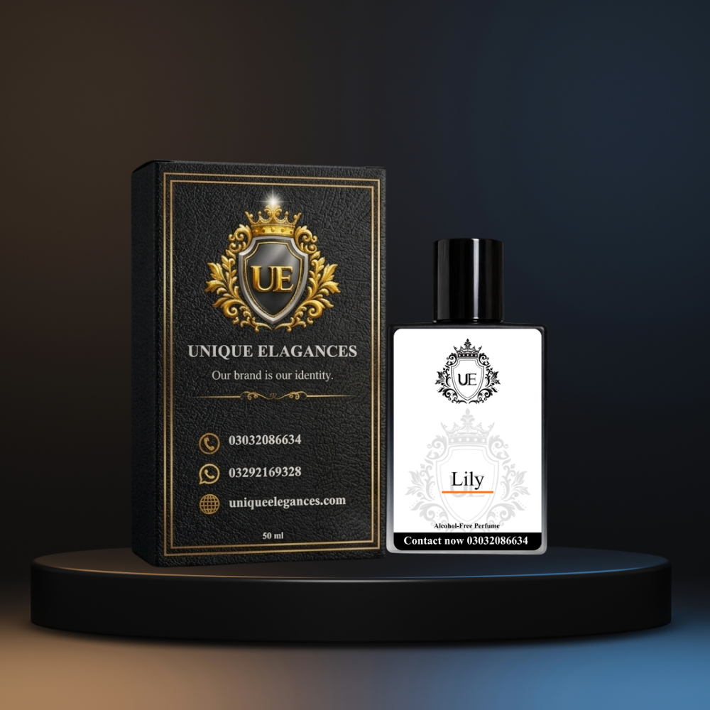 Lily alcohol-free perfume by Unique Elegances with an elegant floral luxury background