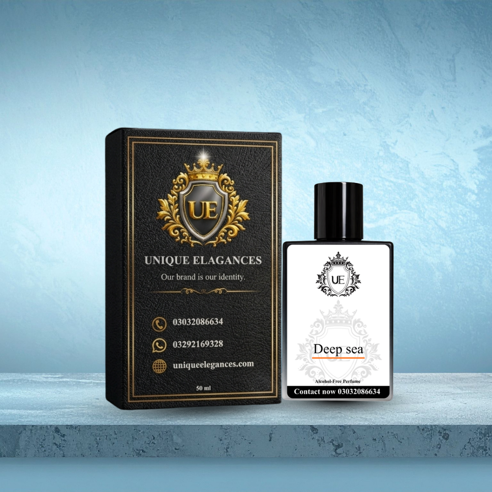Deep Sea alcohol-free perfume bottle by Unique Elegances with a premium ocean-inspired background